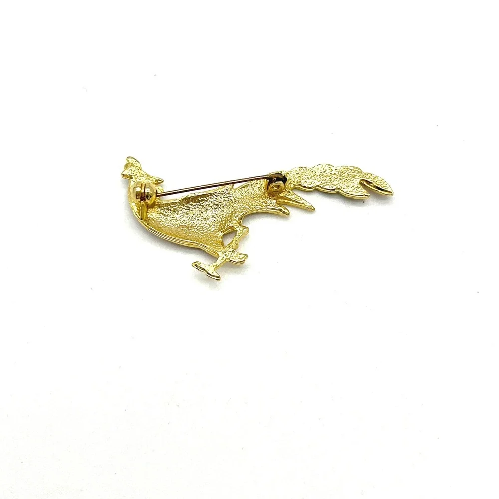 Peacock Brooch Pin Red‎ Rhinestone Gold Tone Bird Figural Jewelry
